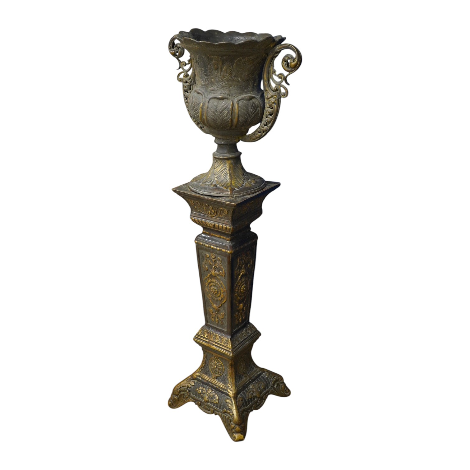 A large two colour bronze effect urn on pedestal, total height 134cm. Condition - fair to good